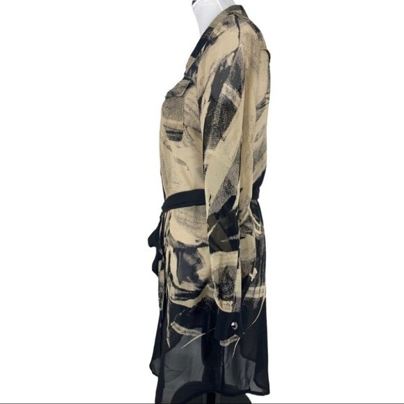 Andrew Marc Women's Tan GEO Print Sheer Button Down Swim Cover-Up Dress 8/C36 - Picture 5 of 10